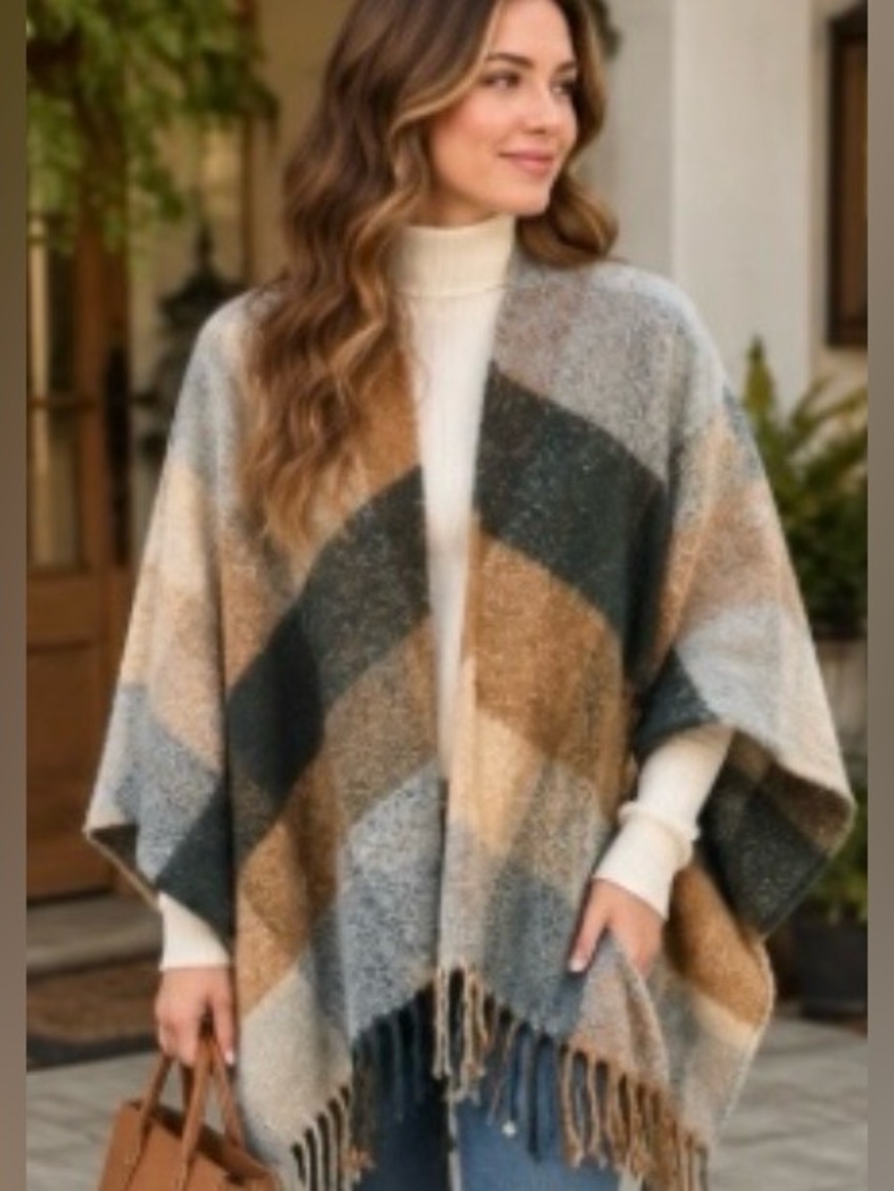 Moss Rose Plaid Fringe Poncho — O/S